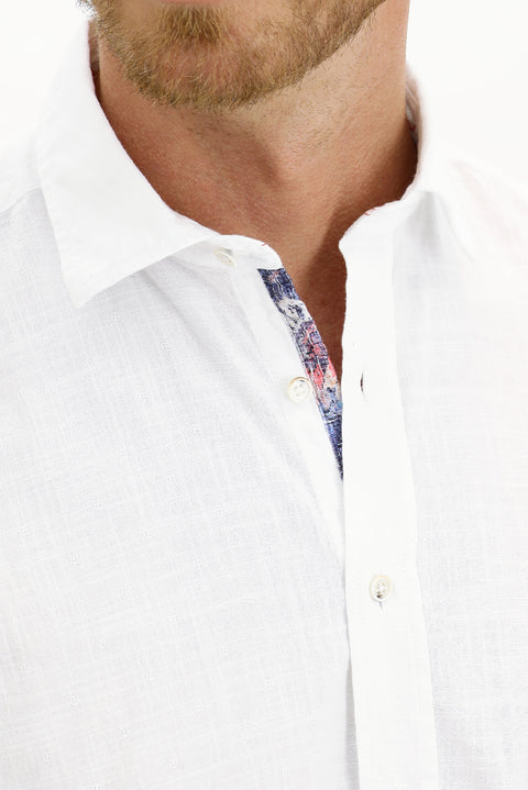 White Short Sleeve Regular Fit Patterned Cotton Shirt