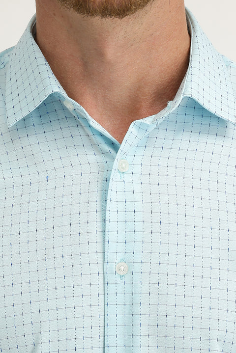 Aqua Blue Long Sleeve Slim Fit Patterned Shirt