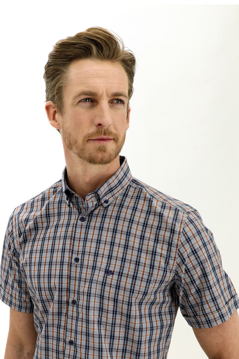 Medium Orange Short Sleeve Regular Fit Plaid Shirt