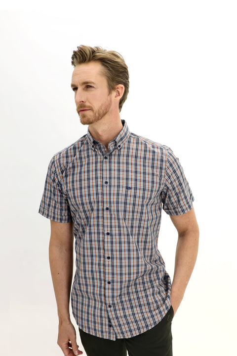 Medium Orange Short Sleeve Regular Fit Plaid Shirt