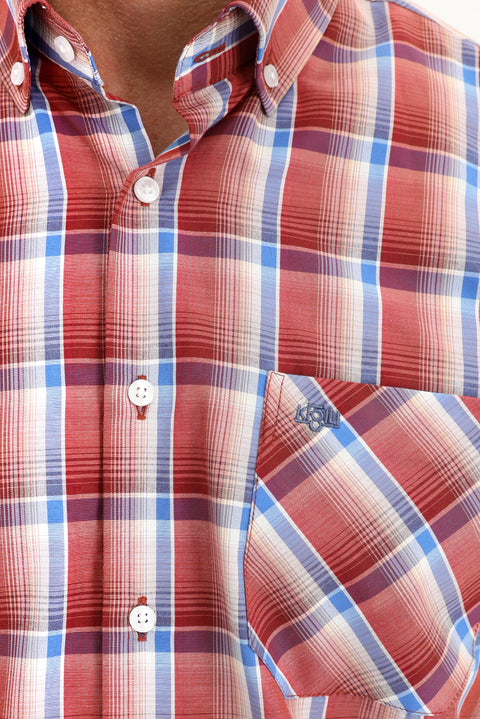 Light Red Short Sleeve Regular Fit Plaid Shirt