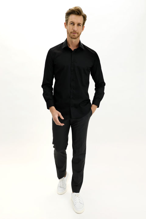 Siyah Uzun Kol Slim Fit Dar Kesim Non Iron Gömlek