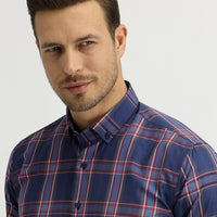 Koyu Lacivert Uzun Kol Slim Fit Dar Kesim Ekose Gömlek