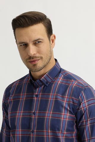  Koyu Lacivert Uzun Kol Slim Fit Dar Kesim Ekose Gömlek