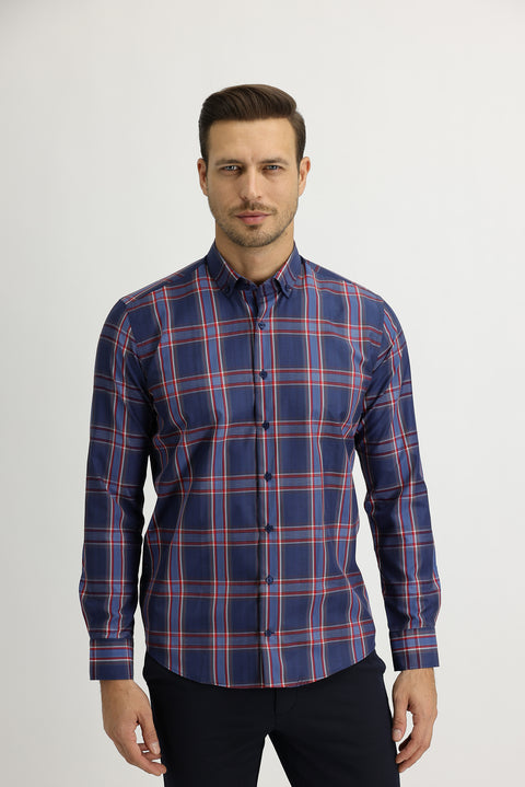Koyu Lacivert Uzun Kol Slim Fit Dar Kesim Ekose Gömlek