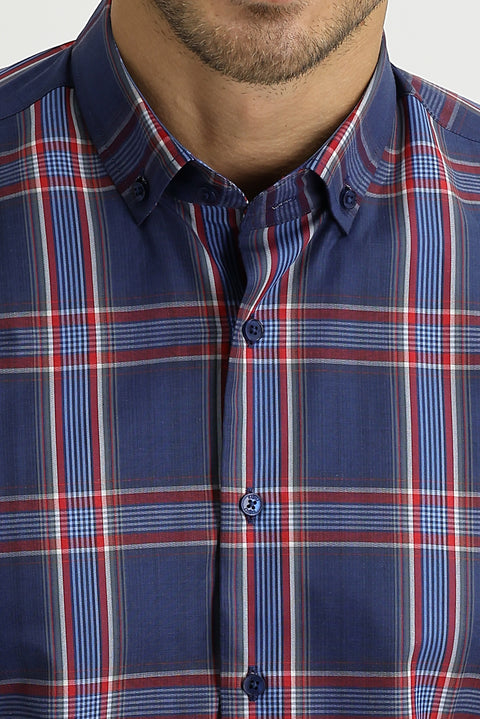 Koyu Lacivert Uzun Kol Slim Fit Dar Kesim Ekose Gömlek