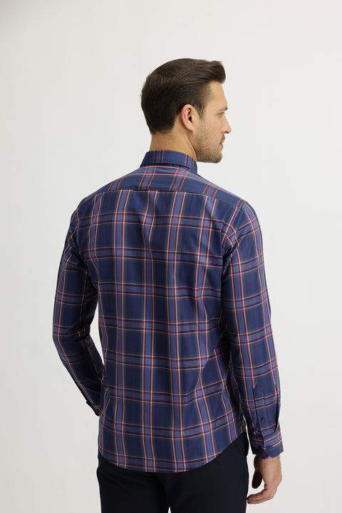 Koyu Lacivert Uzun Kol Slim Fit Dar Kesim Ekose Gömlek