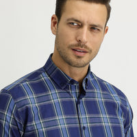 Dark Navy Long Sleeve Slim Fit Plaid Shirt