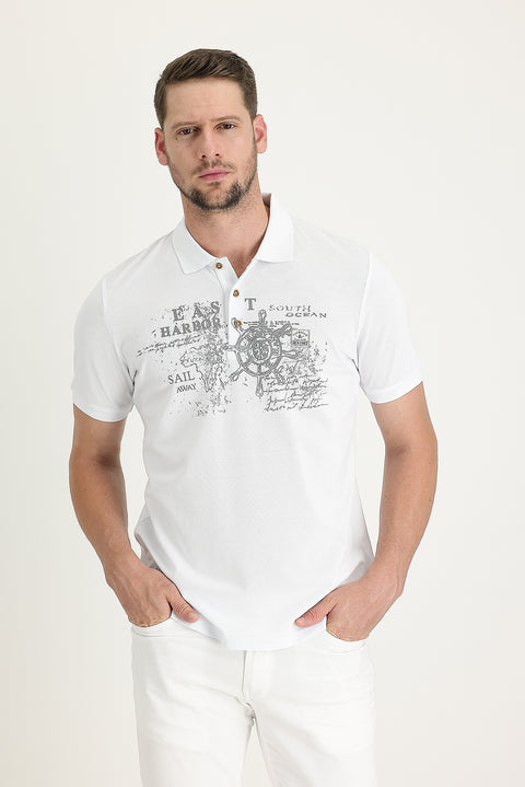 White Polo Collar Patterned Cotton T-shirt