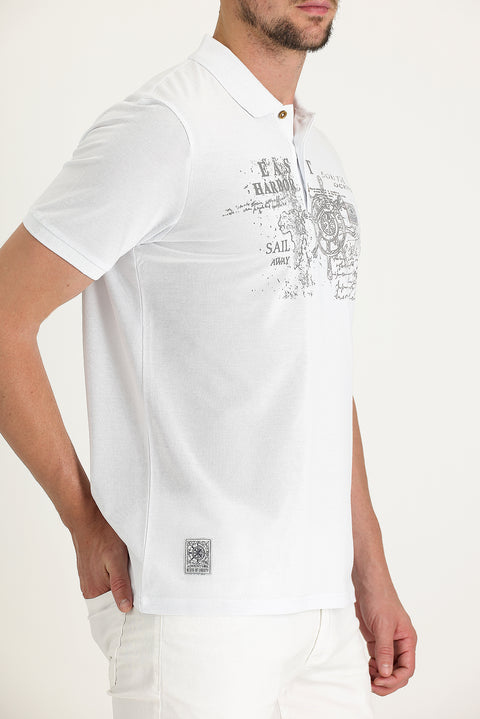 White Polo Collar Patterned Cotton T-shirt