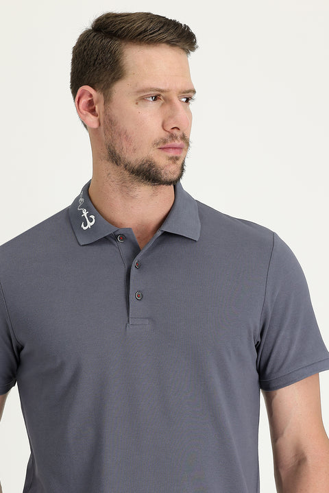 Medium Grey Polo Collar Patterned Cotton T-shirt