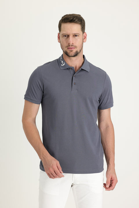 Medium Grey Polo Collar Patterned Cotton T-shirt