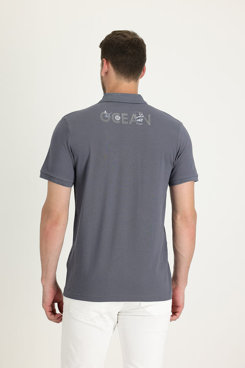 Medium Grey Polo Collar Patterned Cotton T-shirt