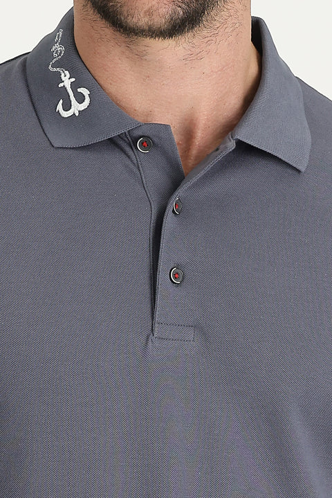 Medium Grey Polo Collar Patterned Cotton T-shirt