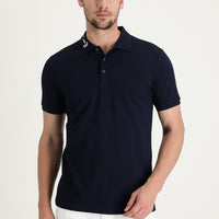 Medium Navy Blue Polo Collar Patterned Cotton T-shirt