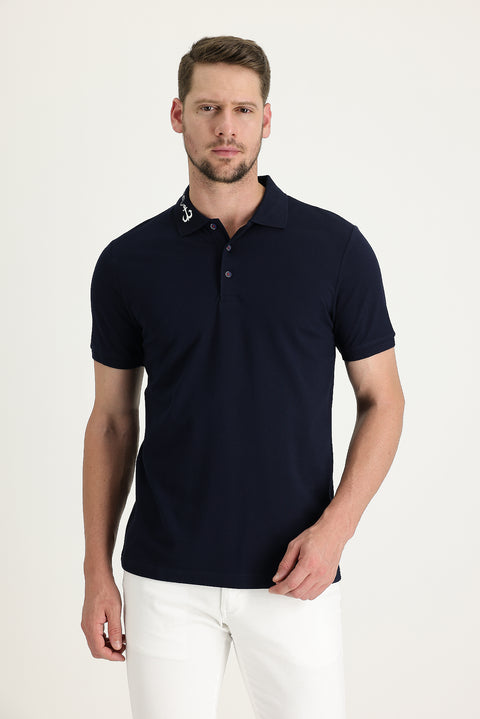 Medium Navy Blue Polo Collar Patterned Cotton T-shirt
