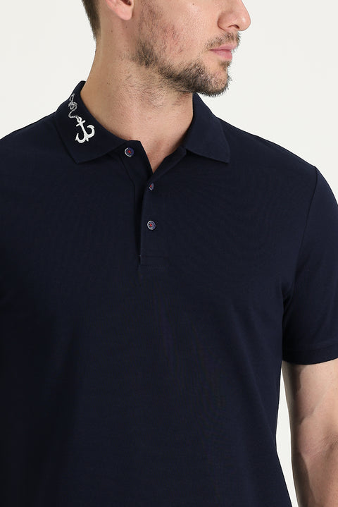 Medium Navy Blue Polo Collar Patterned Cotton T-shirt