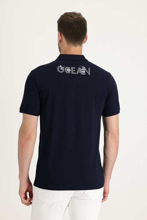 Medium Navy Blue Polo Collar Patterned Cotton T-shirt