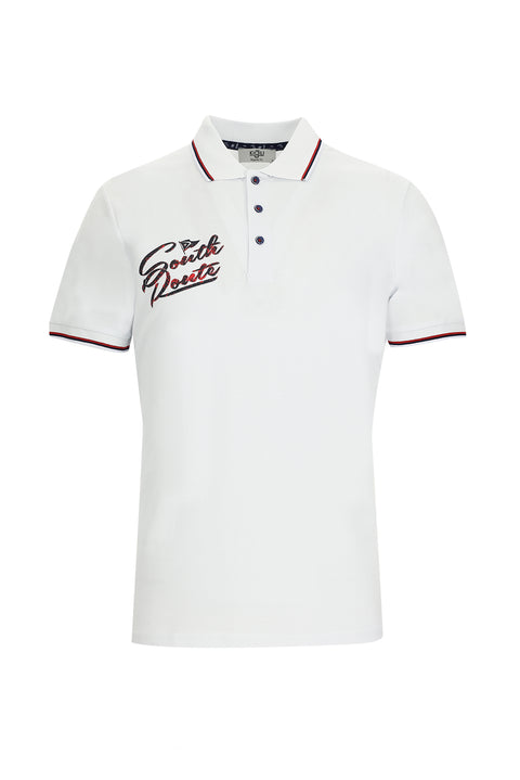 White Polo Collar Regular Fit Patterned Cotton T-shirt