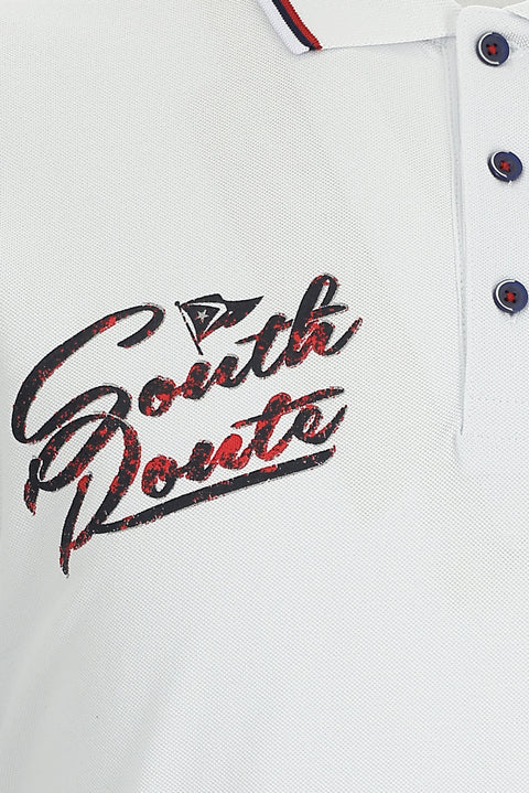 White Polo Collar Regular Fit Patterned Cotton T-shirt