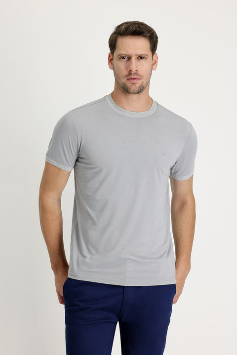 Light Grey Melange Crew Neck Slim Fit Embroidered T-Shirt