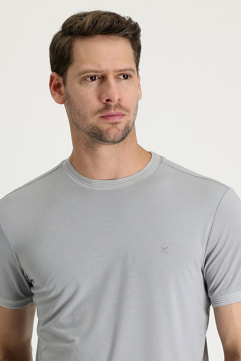Light Grey Melange Crew Neck Slim Fit Embroidered T-Shirt