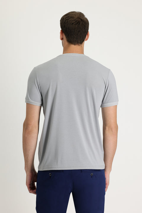 Light Grey Melange Crew Neck Slim Fit Embroidered T-Shirt