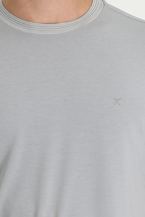 Light Grey Melange Crew Neck Slim Fit Embroidered T-Shirt