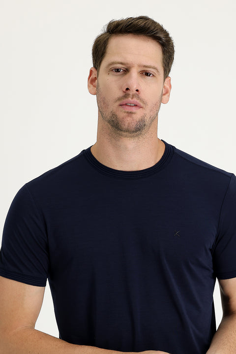 Dark Navy Crew Neck Slim Fit Embroidered T-Shirt