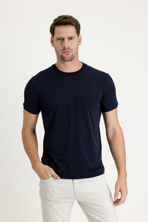 Dark Navy Crew Neck Slim Fit Embroidered T-Shirt