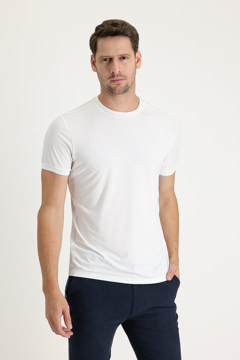 White Crew Neck Slim Fit Embroidered T-Shirt