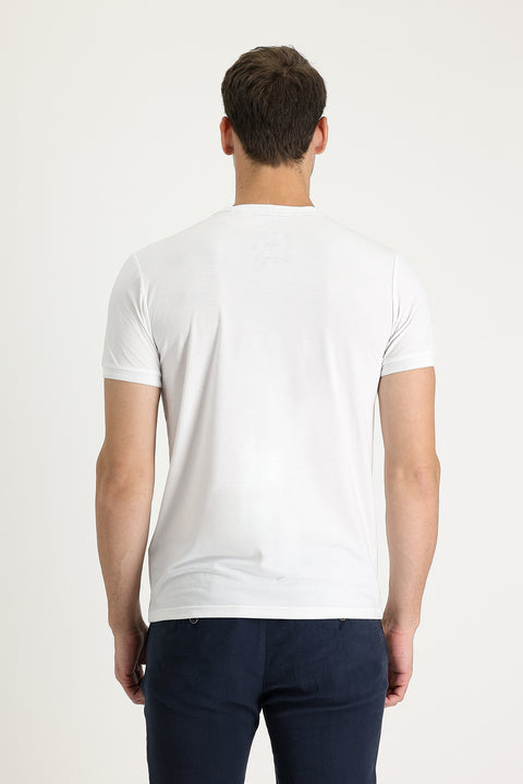 White Crew Neck Slim Fit Embroidered T-Shirt