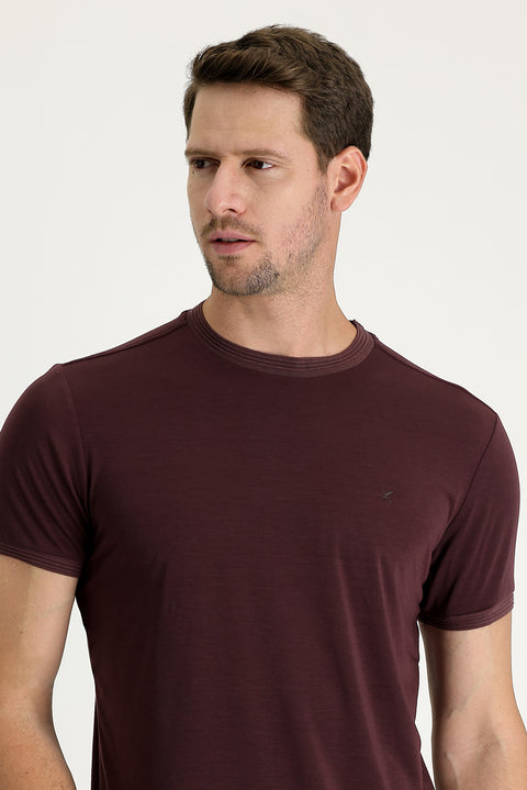 Dark Burgundy Crew Neck Slim Fit Embroidered T-Shirt