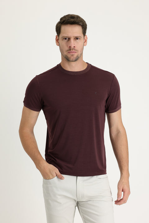 Dark Burgundy Crew Neck Slim Fit Embroidered T-Shirt