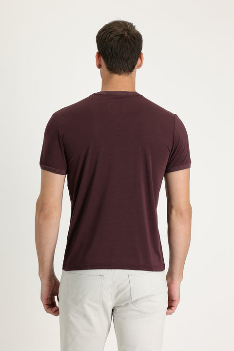 Dark Burgundy Crew Neck Slim Fit Embroidered T-Shirt
