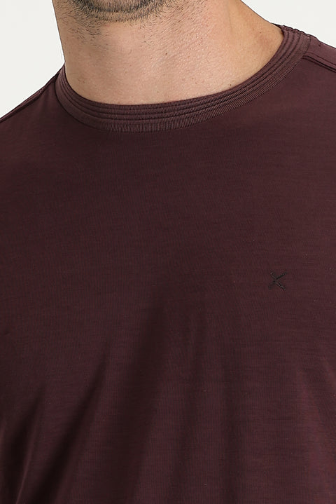 Dark Burgundy Crew Neck Slim Fit Embroidered T-Shirt
