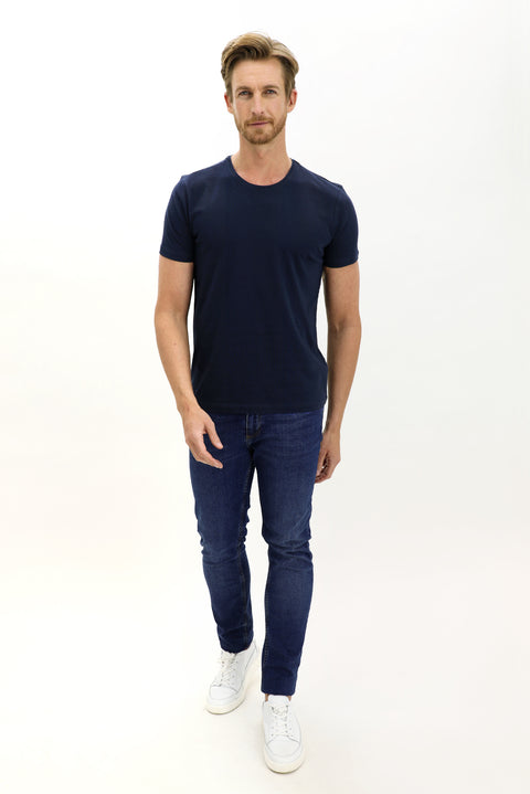 Dark Navy Crew Neck Slim Fit Narrow Cut Cotton T-Shirt