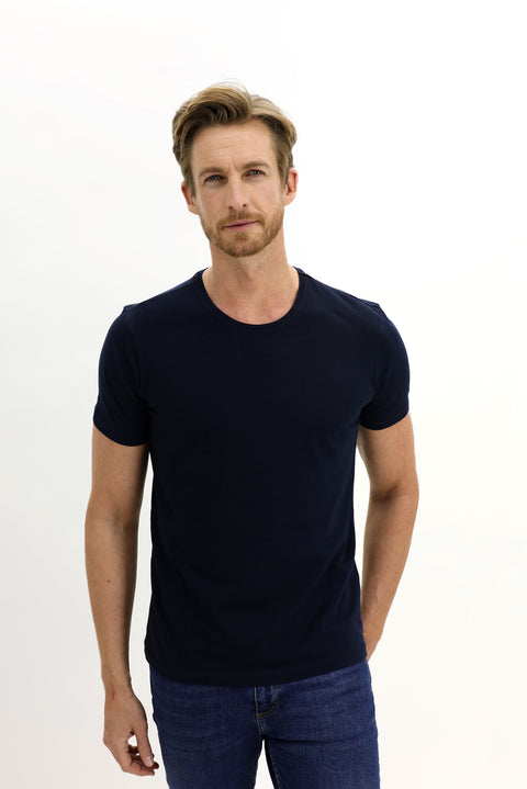 Dark Navy Crew Neck Slim Fit Narrow Cut Cotton T-Shirt