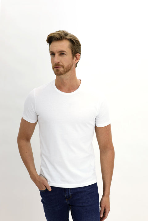 White Crew Neck Slim Fit Narrow Cut Cotton T-Shirt