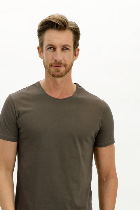 Medium Khaki Crew Neck Slim Fit Narrow Cut Cotton T-Shirt