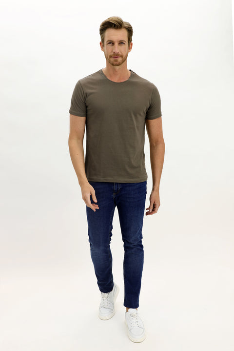 Medium Khaki Crew Neck Slim Fit Narrow Cut Cotton T-Shirt