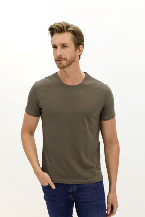 Medium Khaki Crew Neck Slim Fit Narrow Cut Cotton T-Shirt