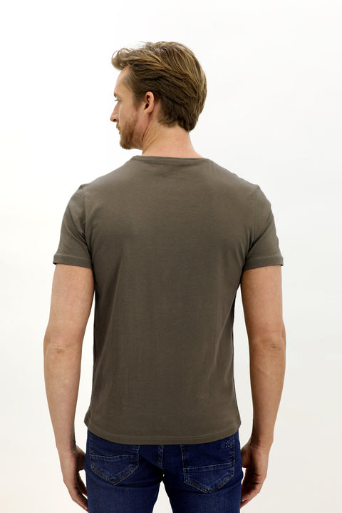 Medium Khaki Crew Neck Slim Fit Narrow Cut Cotton T-Shirt