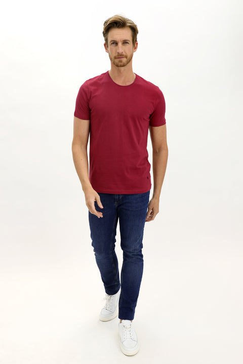 Wine Burgundy Crew Neck Slim Fit Narrow Cut Cotton T-Shirt