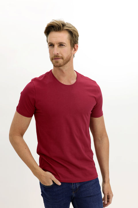 Wine Burgundy Crew Neck Slim Fit Narrow Cut Cotton T-Shirt