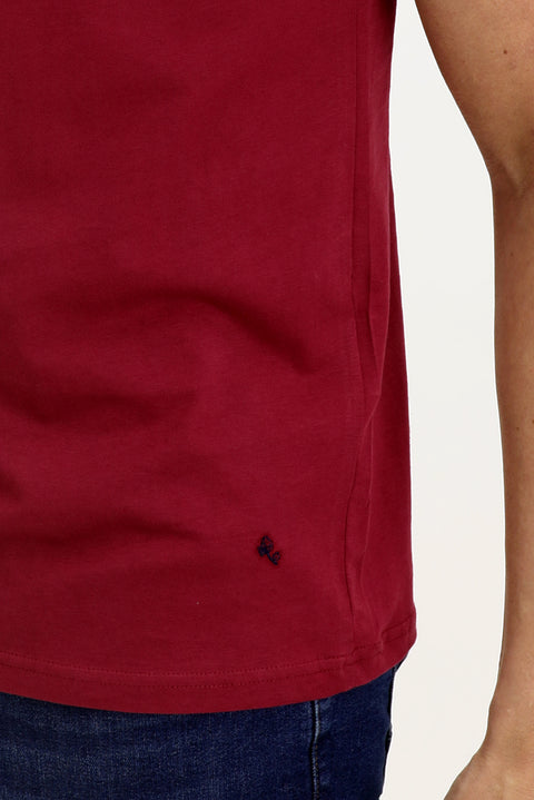 Wine Burgundy Crew Neck Slim Fit Narrow Cut Cotton T-Shirt