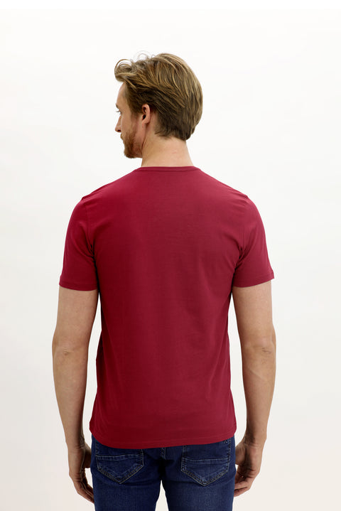 Wine Burgundy Crew Neck Slim Fit Narrow Cut Cotton T-Shirt