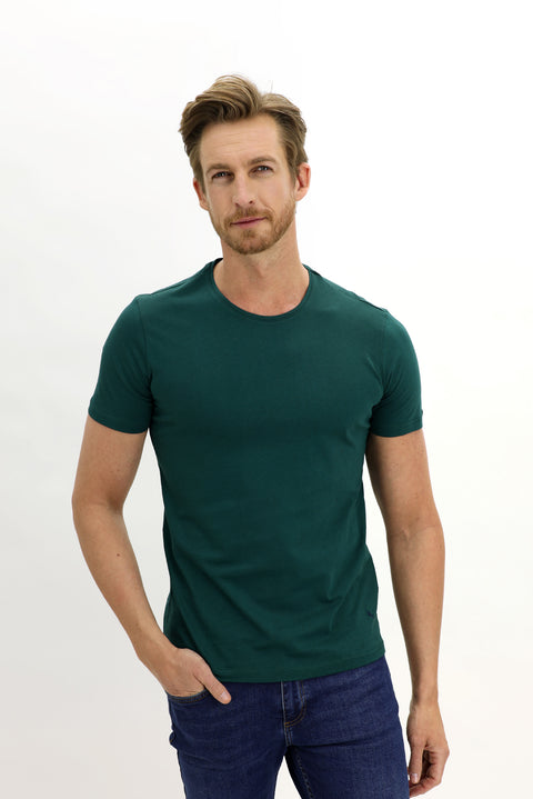 Emerald Green Crew Neck Slim Fit Narrow Cut Cotton T-Shirt