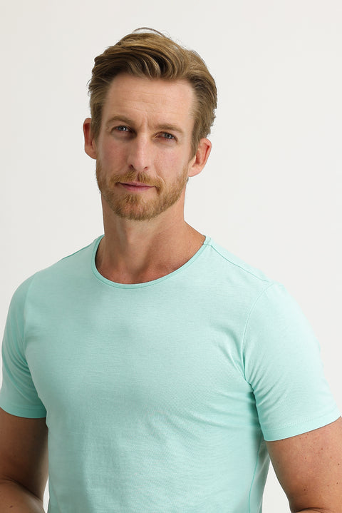 Aqua Blue Crew Neck Slim Fit Narrow Cut Cotton T-Shirt
