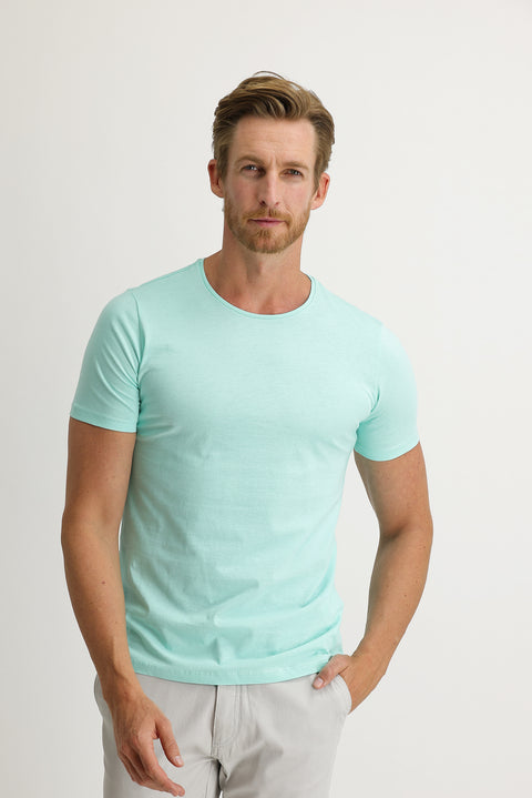 Aqua Blue Crew Neck Slim Fit Narrow Cut Cotton T-Shirt